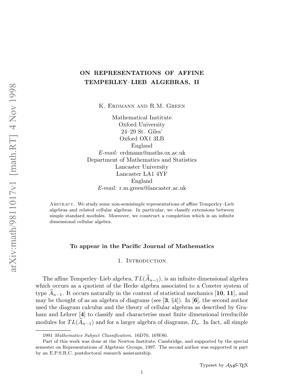 Arxiv:Math/9811017V1 [Math.RT] 4 Nov 1998