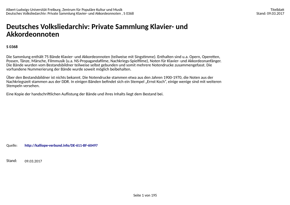 Deutsches Volksliedarchiv: Private Sammlung Klavier- Und Akkordeonnoten , S 0368 Stand: 09.03.2017