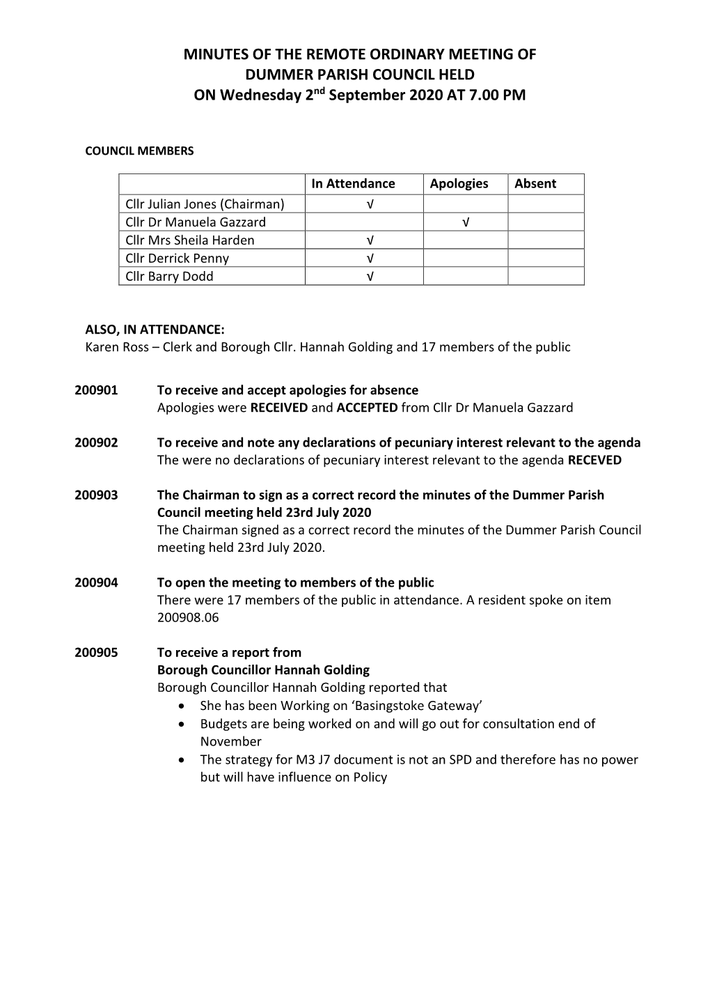 MINUTES of the REMOTE ORDINARY MEETING of DUMMER PARISH COUNCIL HELD on Wednesday 2Nd September 2020 at 7.00 PM