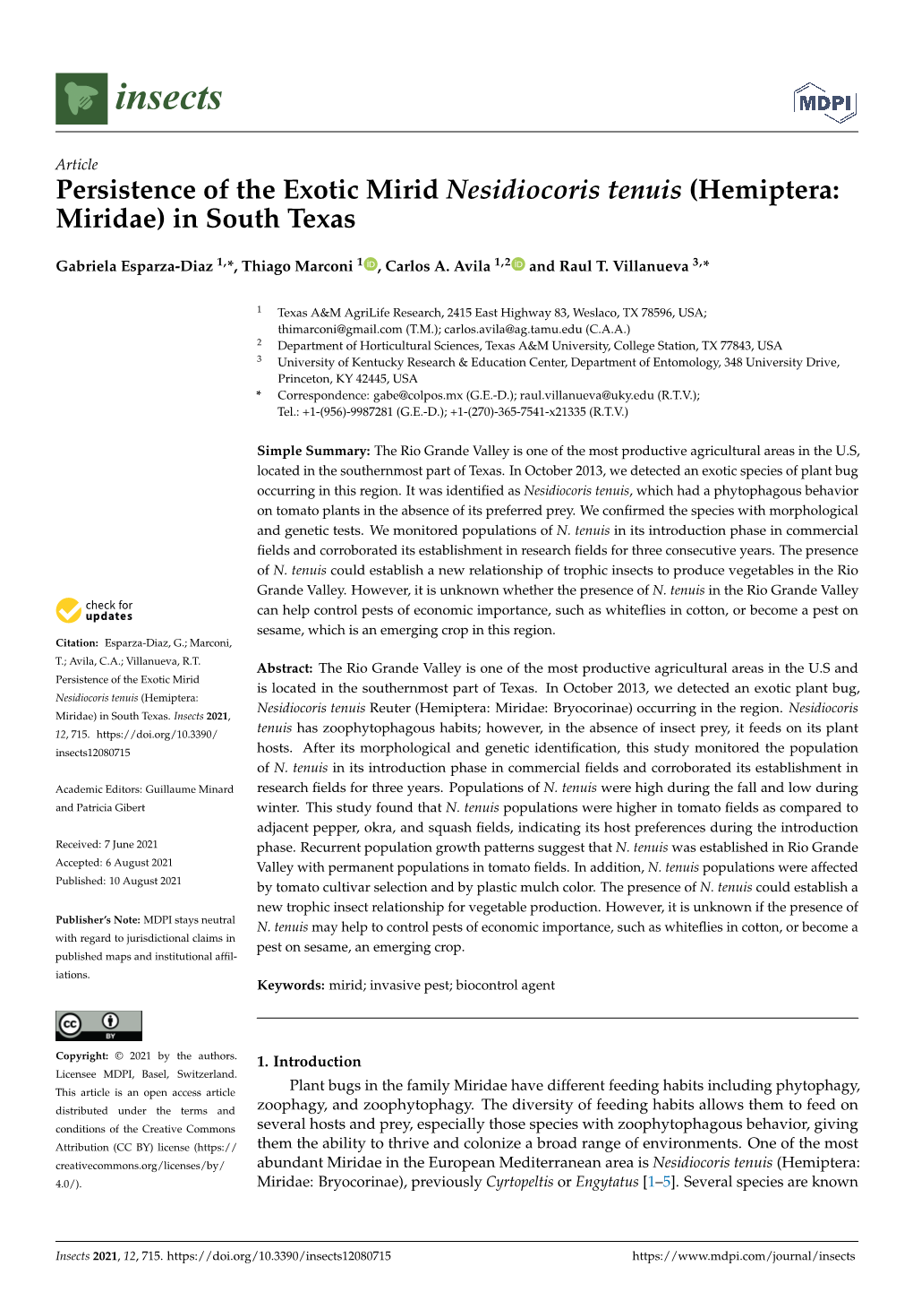 Persistence of the Exotic Mirid Nesidiocoris Tenuis (Hemiptera: Miridae) in South Texas