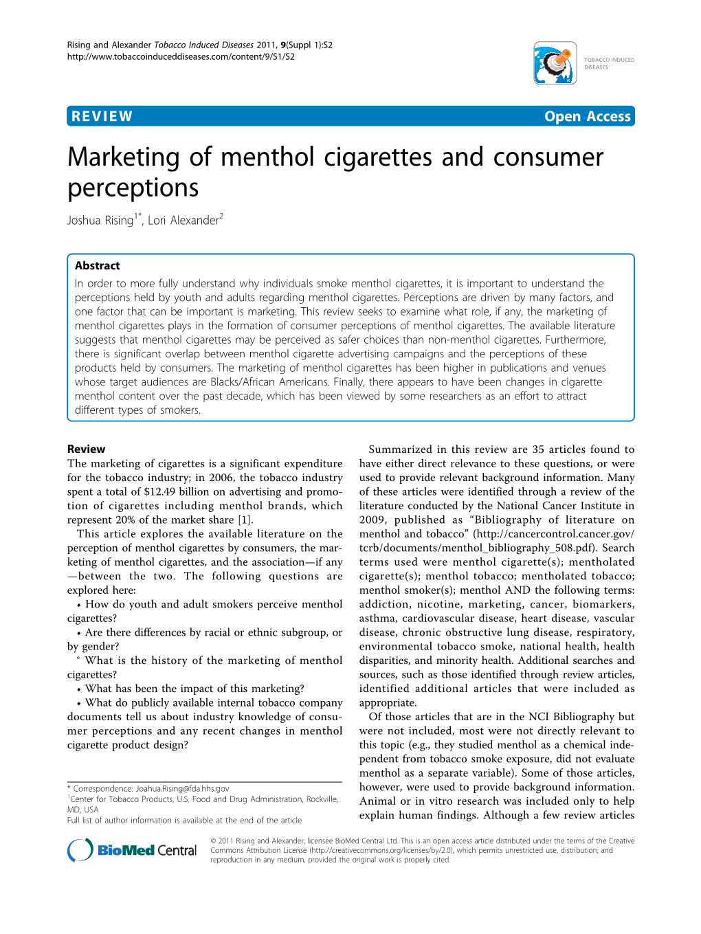 Marketing of Menthol Cigarettes and Consumer Perceptions Joshua Rising1*, Lori Alexander2
