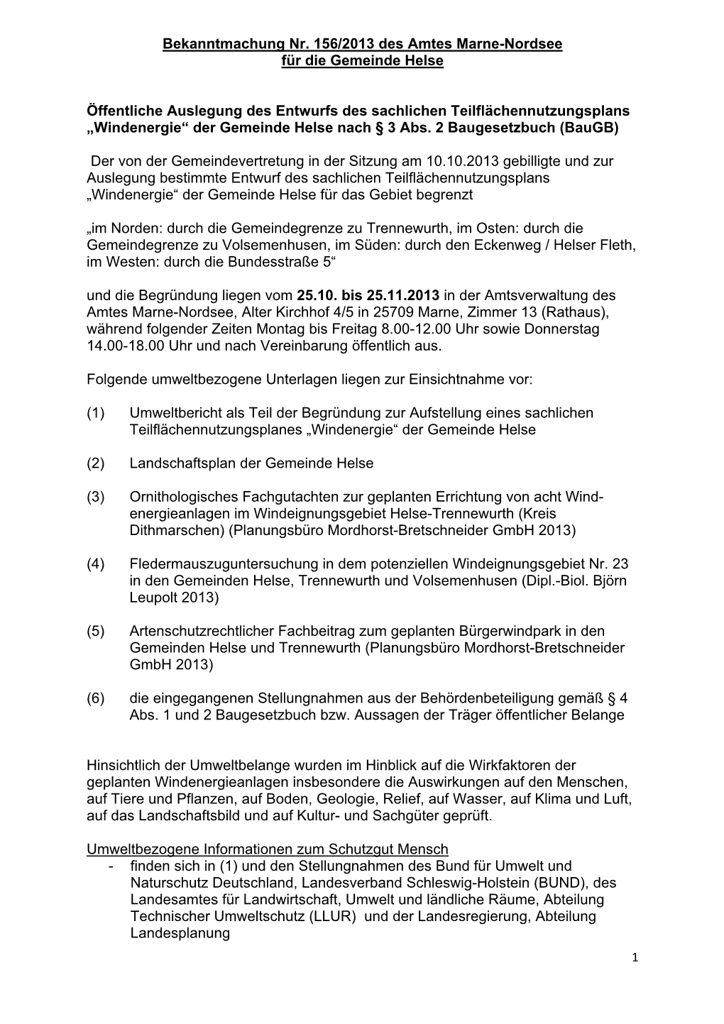 Bekanntmachung Nr. 156/2013 Des Amtes Marne-Nordsee Für Die Gemeinde Helse