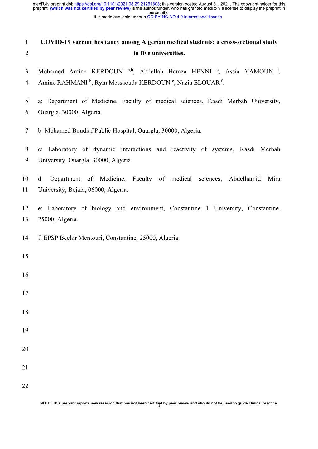 COVID-19 Vaccine Hesitancy Among Algerian Medical Students: a Cross-Sectional Study 2 in Five Universities