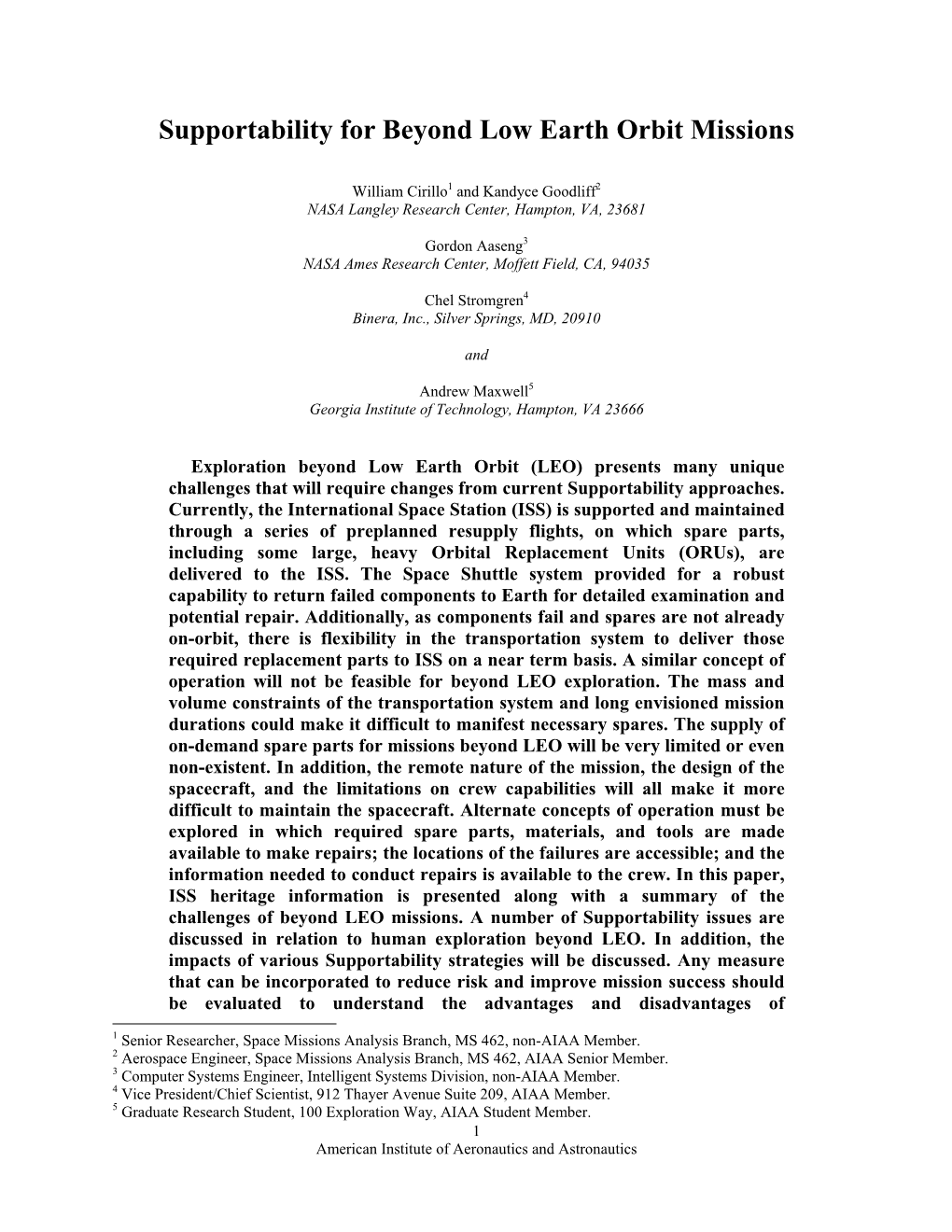 Supportability for Beyond Low Earth Orbit Missions