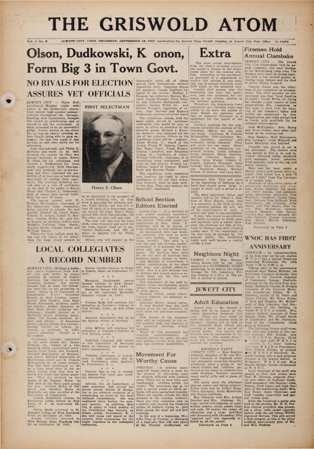 JEWETT CITY-Without a Doubt, Norlne Guillet Returns to Regis Last Yea1·, Was Elected Editor-In· Taking Part in the Anniversary Chief