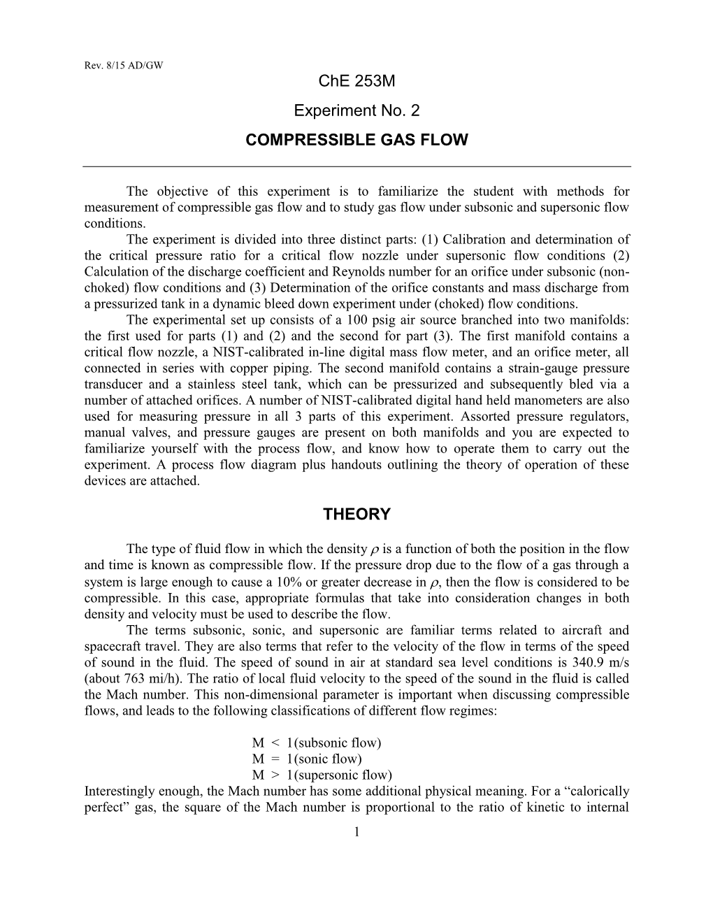 Che 253M Experiment No. 2 COMPRESSIBLE GAS FLOW