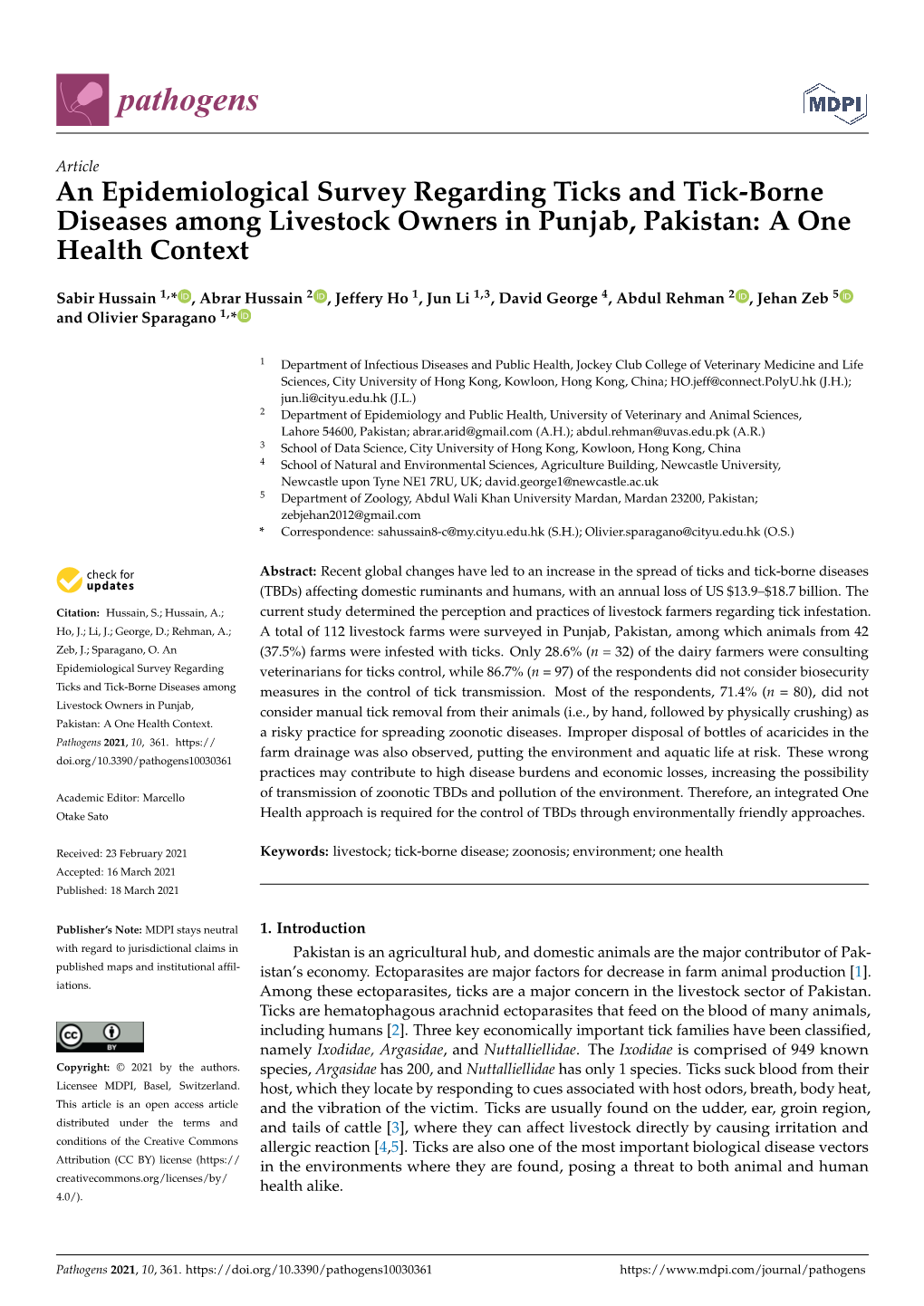 An Epidemiological Survey Regarding Ticks and Tick-Borne Diseases Among Livestock Owners in Punjab, Pakistan: a One Health Context