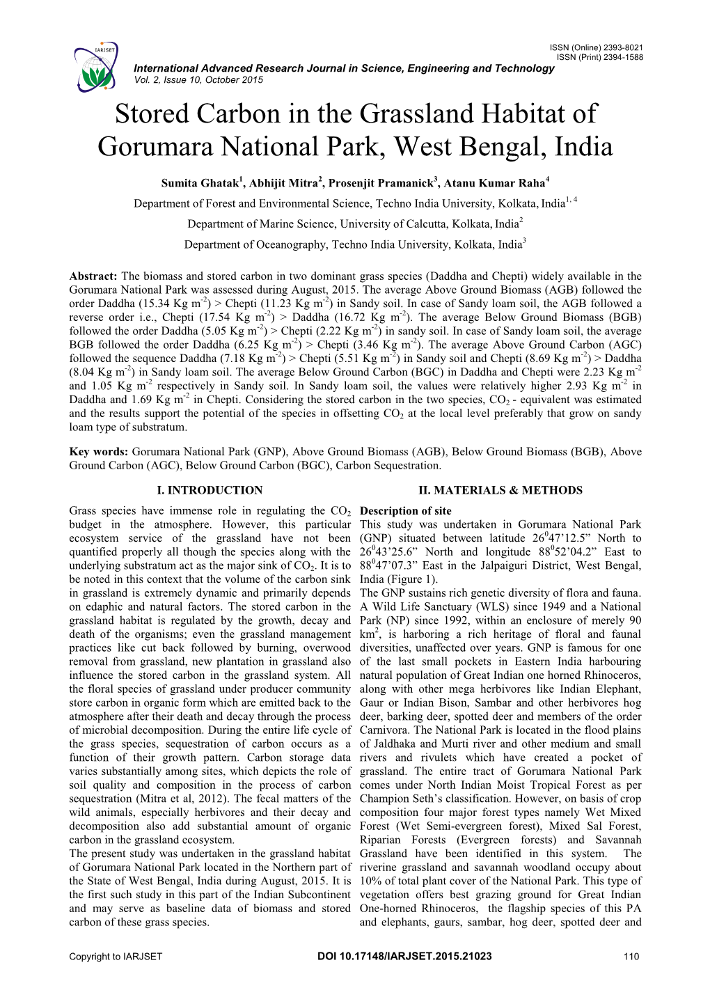 Stored Carbon in the Grassland Habitat of Gorumara National Park, West Bengal, India