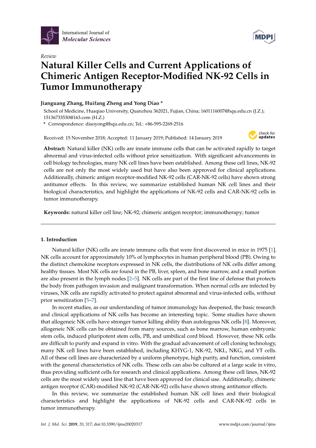 Natural Killer Cells and Current Applications of Chimeric Antigen Receptor-Modified NK-92 Cells in Tumor Immunotherapy