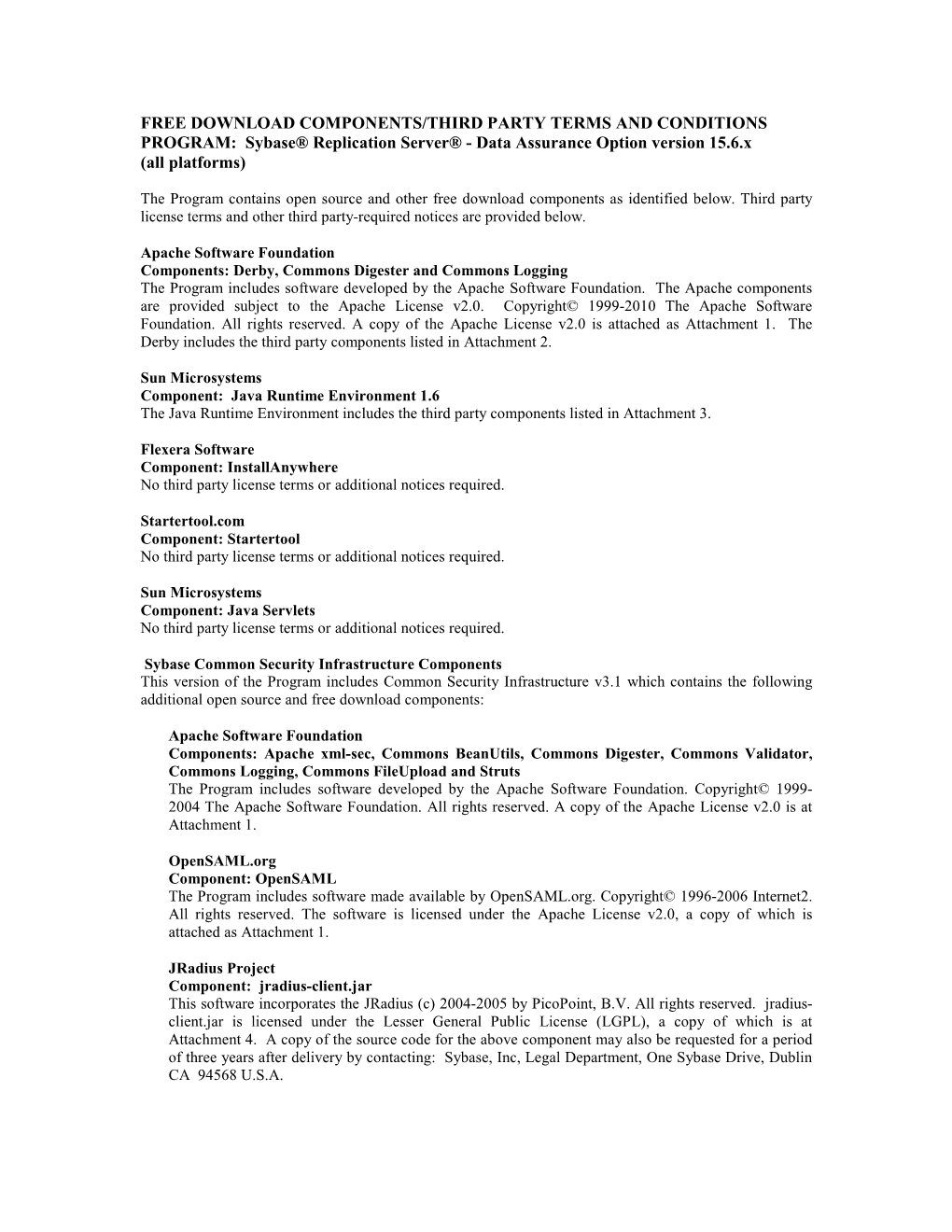 FREE DOWNLOAD COMPONENTS/THIRD PARTY TERMS and CONDITIONS PROGRAM: Sybase® Replication Server® - Data Assurance Option Version 15.6.X (All Platforms)