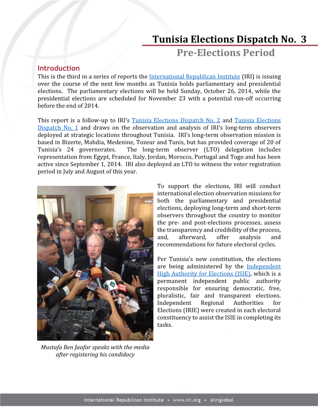 Tunisia Elections Dispatch No. 3 Pre-Elections Period