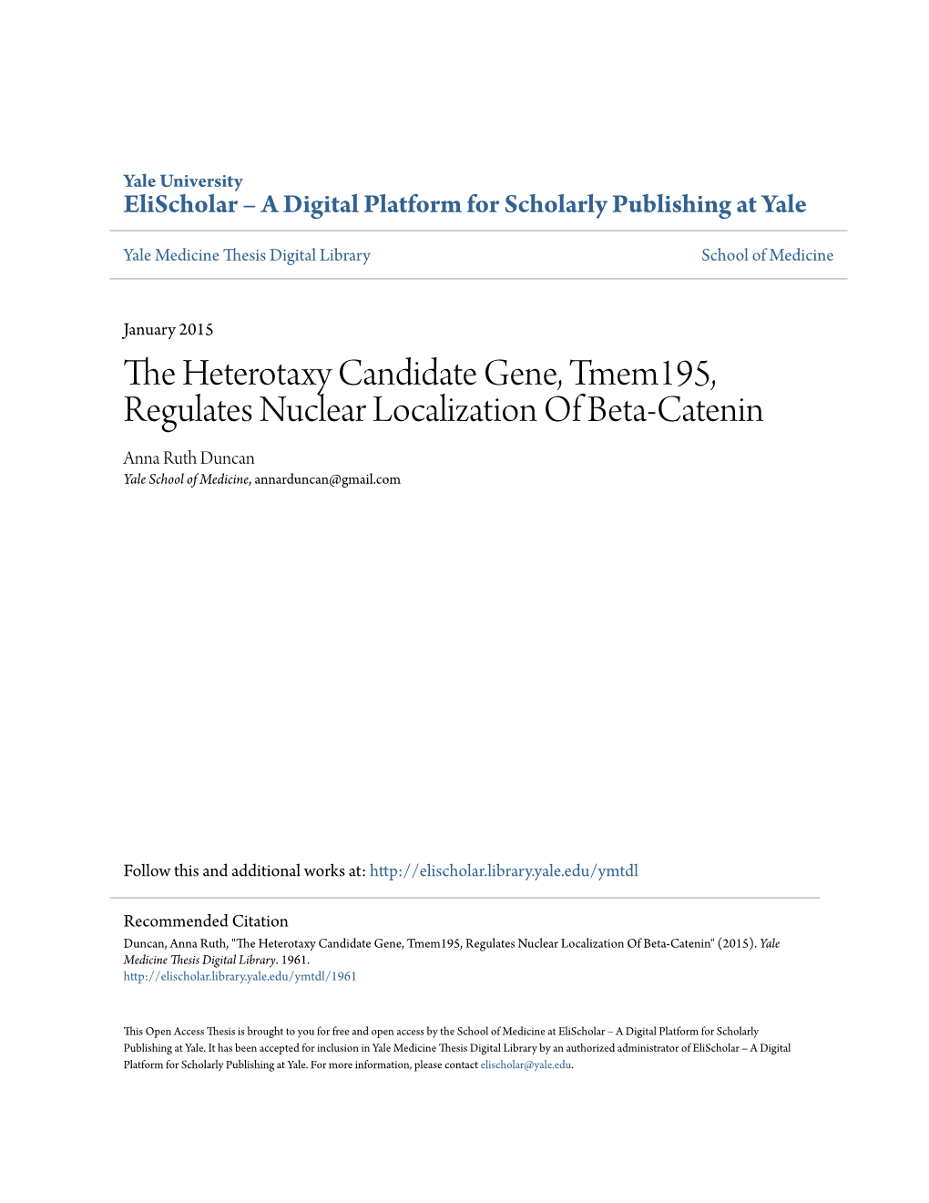 The Heterotaxy Candidate Gene, TMEM195, Regulates Nuclear Localization of Beta-Catenin