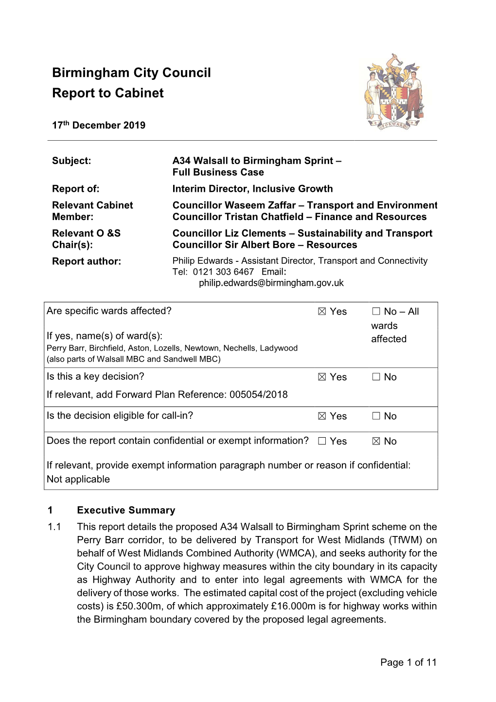 Birmingham City Council Report to Cabinet