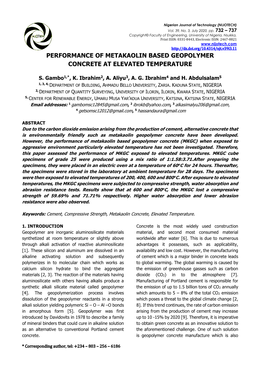 Performance of Metakaolin Based Geopolymer Concrete at Elevated Temperature