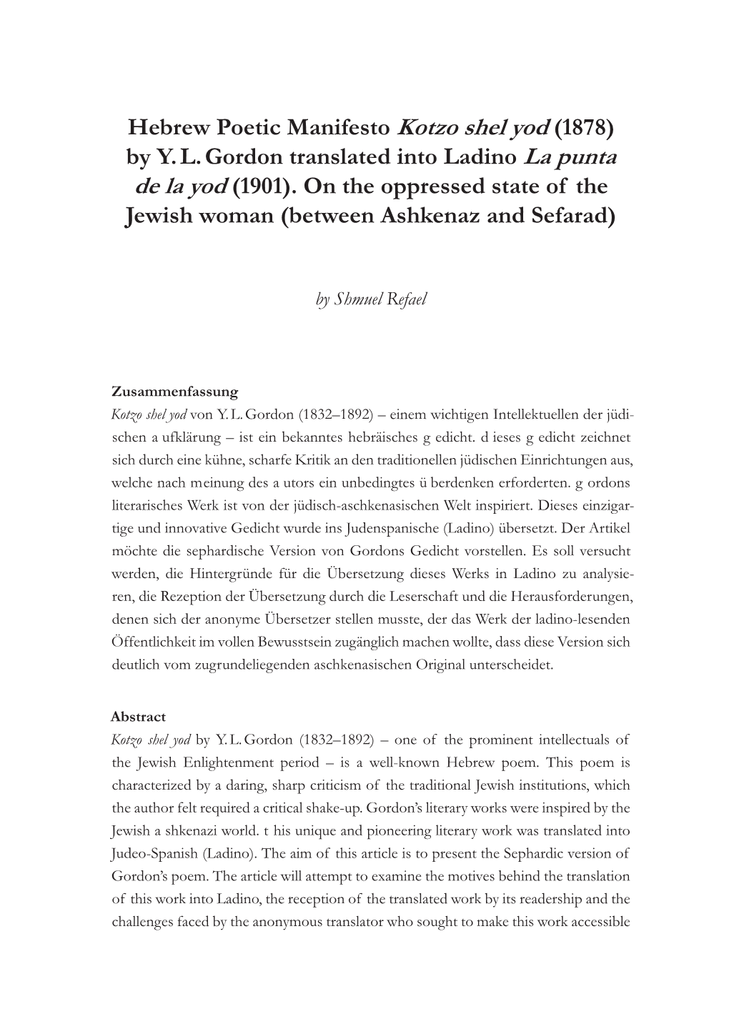 Hebrew Poetic Manifesto Kotzo Shel Yod (1878) by Y.L. Gordon Translated Into Ladino La Punta De La Yod (1901). on the Oppressed