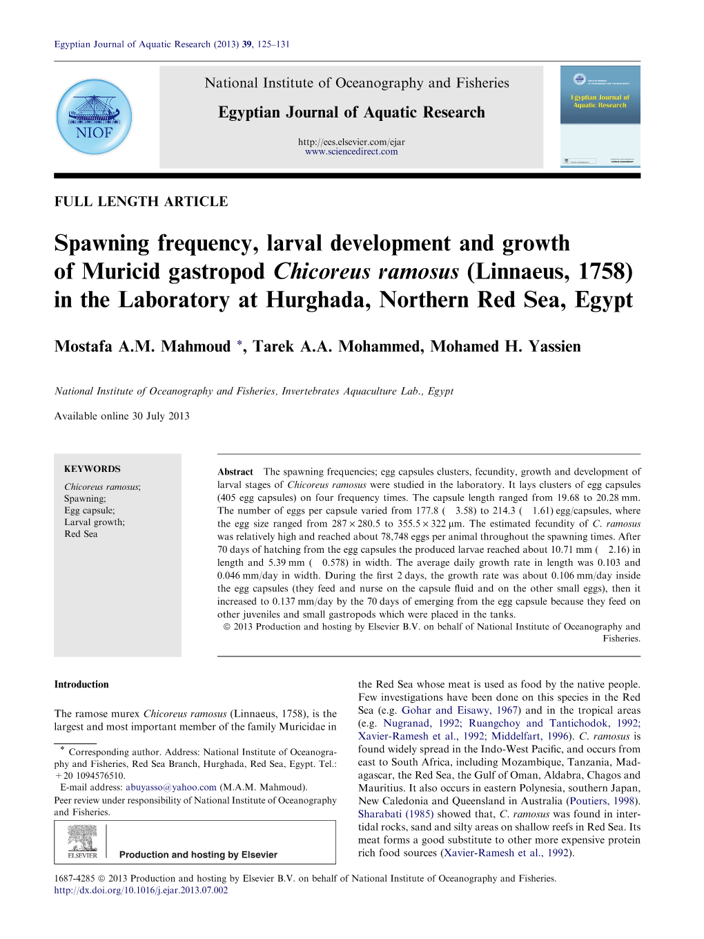 Spawning Frequency, Larval Development and Growth of Muricid Gastropod Chicoreus Ramosus (Linnaeus, 1758) in the Laboratory at Hurghada, Northern Red Sea, Egypt