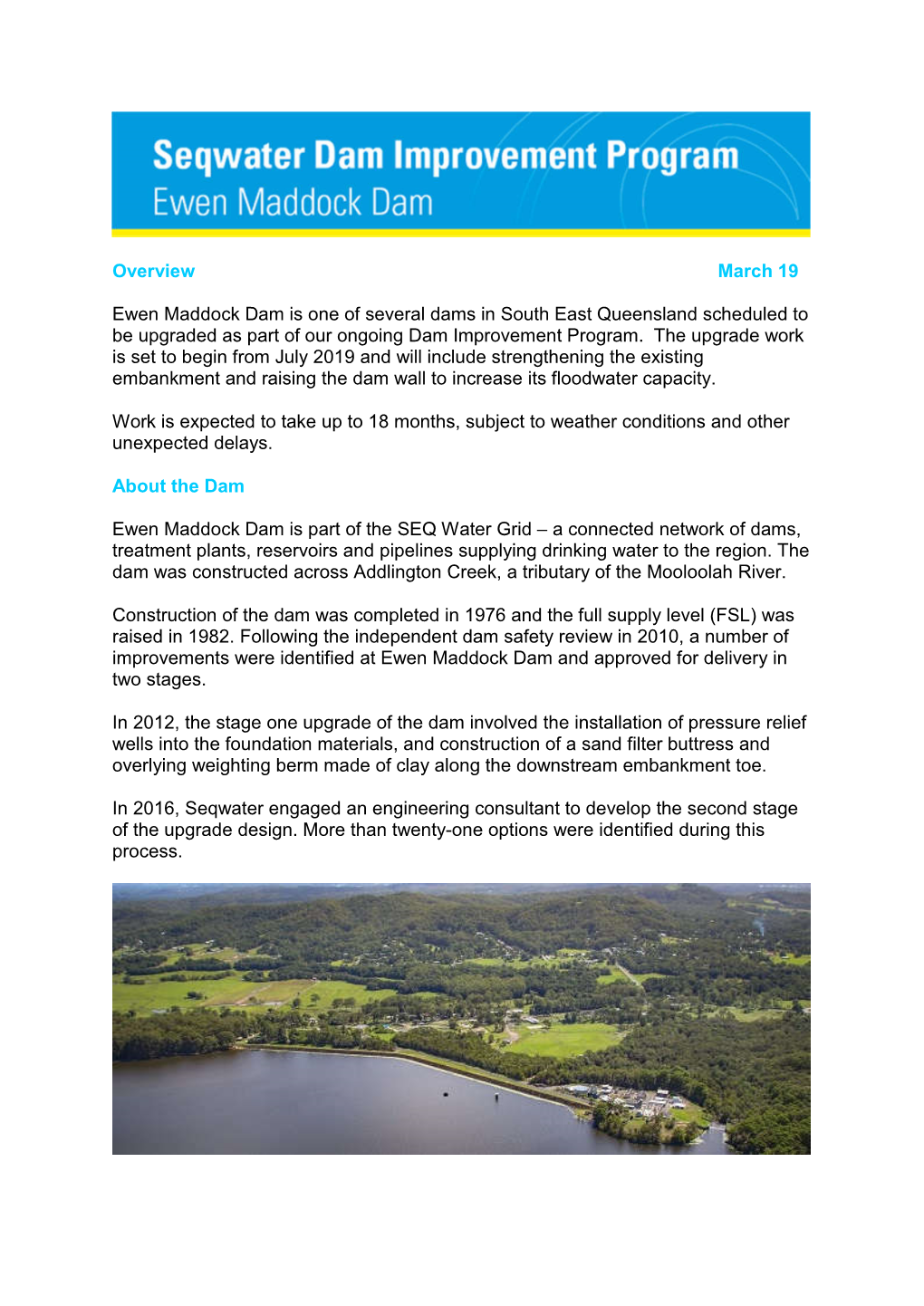 Overview March 19 Ewen Maddock Dam Is One of Several Dams in South East Queensland Scheduled to Be Upgraded As Part of Our O
