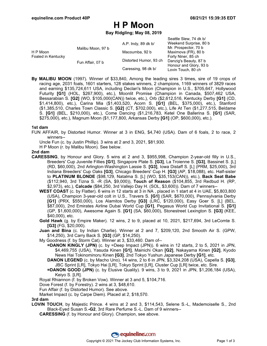 H P Moon Bay Ridgling; May 08, 2019 Seattle Slew, 74 Dk B/ A.P