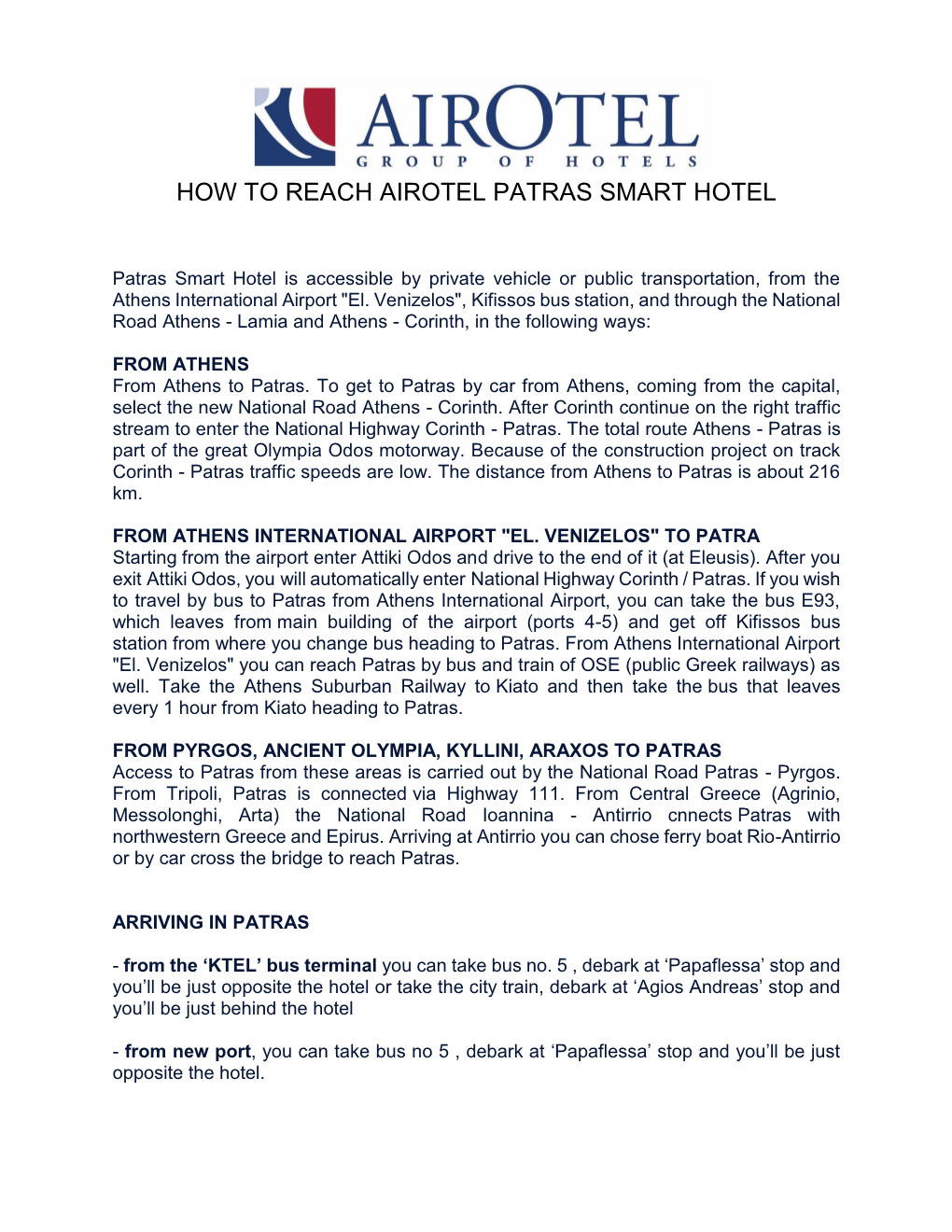 How to Reach Airotel Patras Smart Hotel