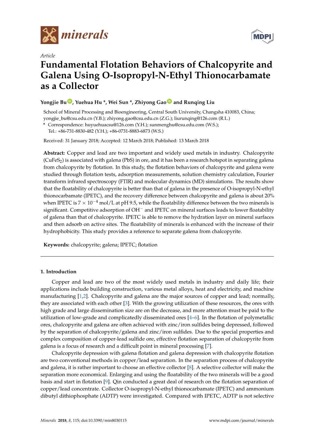 Fundamental Flotation Behaviors of Chalcopyrite and Galena Using O-Isopropyl-N-Ethyl Thionocarbamate As a Collector