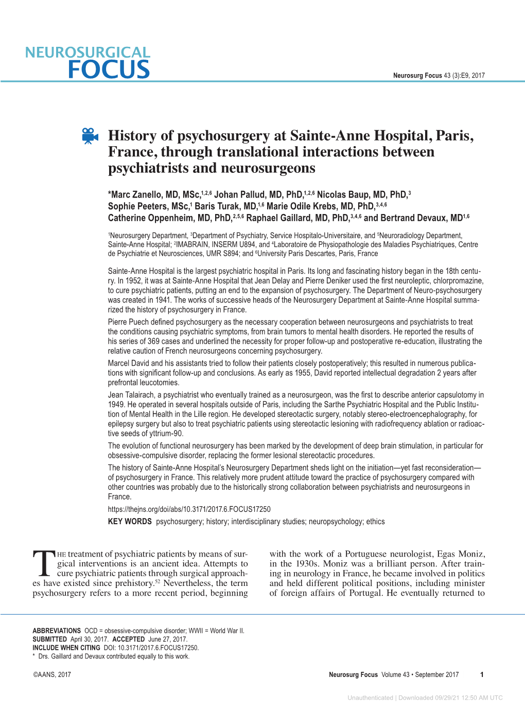 History of Psychosurgery at Sainte-Anne Hospital, Paris, France, Through Translational Interactions Between Psychiatrists and Neurosurgeons