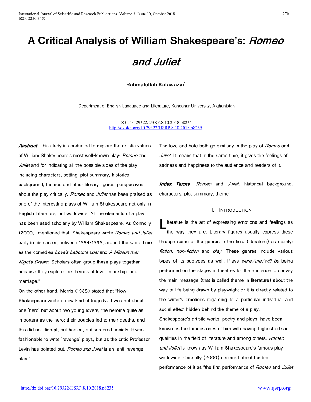 A Critical Analysis of William Shakespeare's: Romeo and Juliet