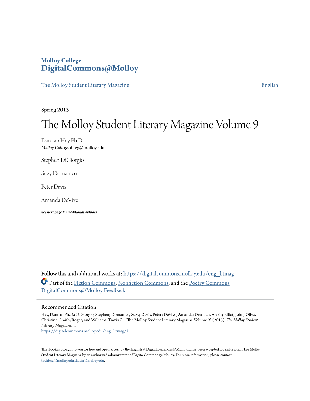 The Molloy Student Literary Magazine Volume 9