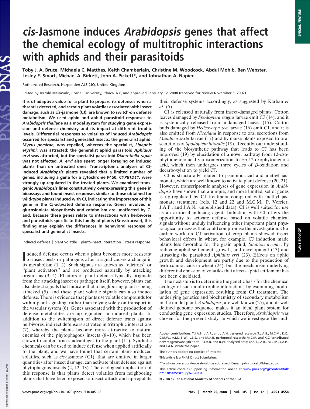 Cis-Jasmone Induces Arabidopsis Genes That Affect the Chemical