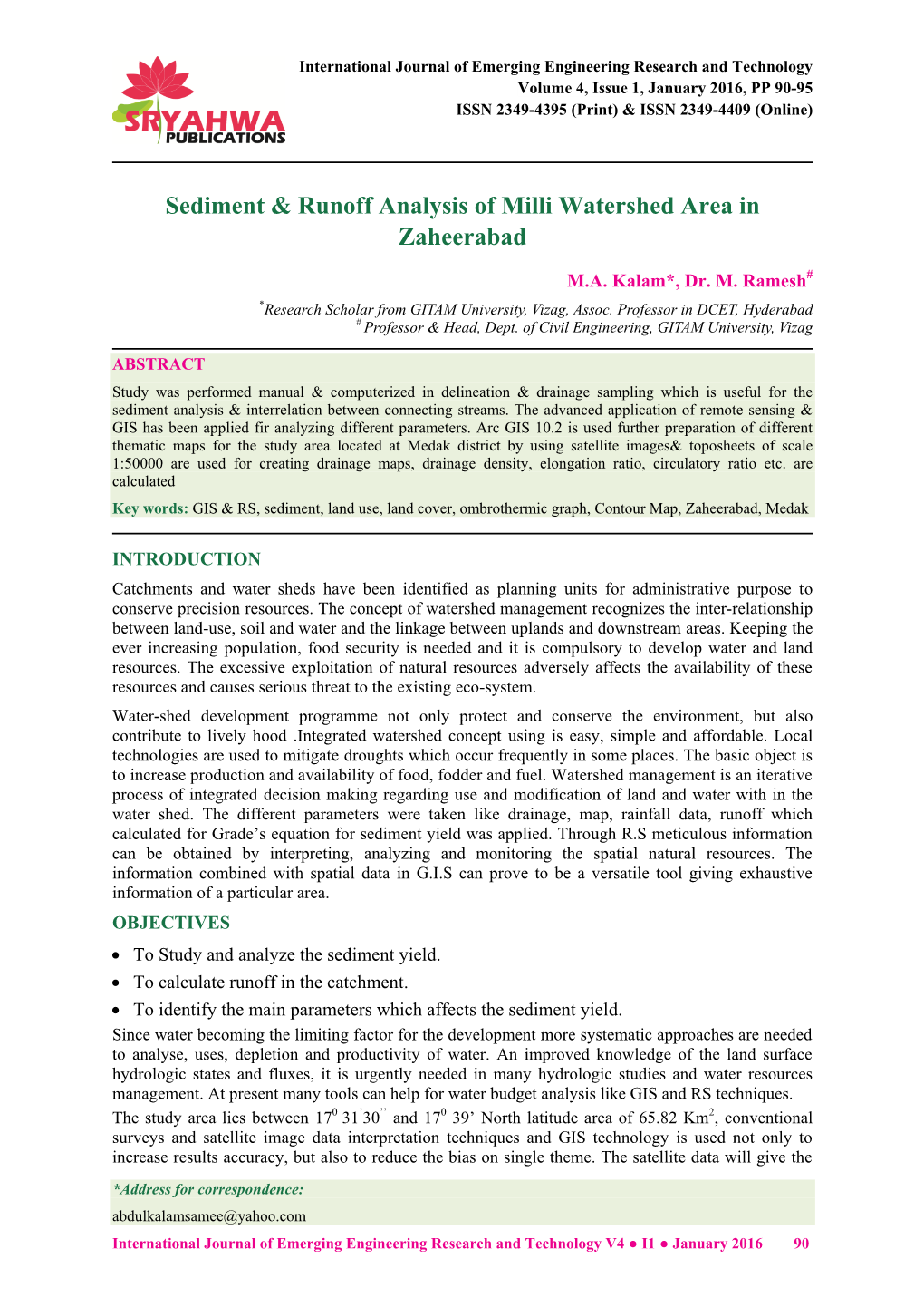 Sediment & Runoff Analysis of Milli Watershed Area in Zaheerabad