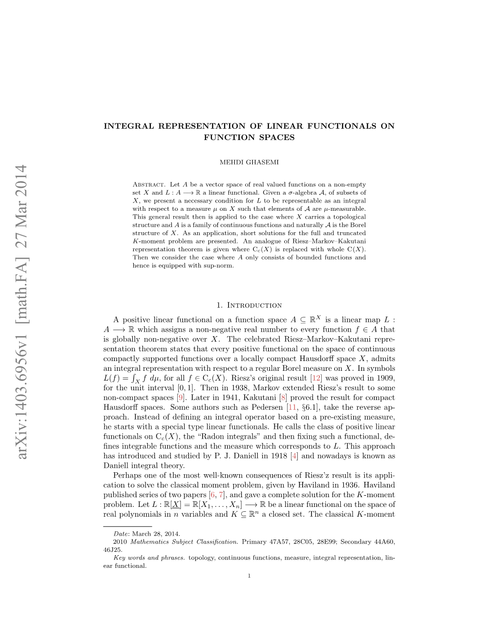 Integral Representation of a Linear Functional on Function Spaces