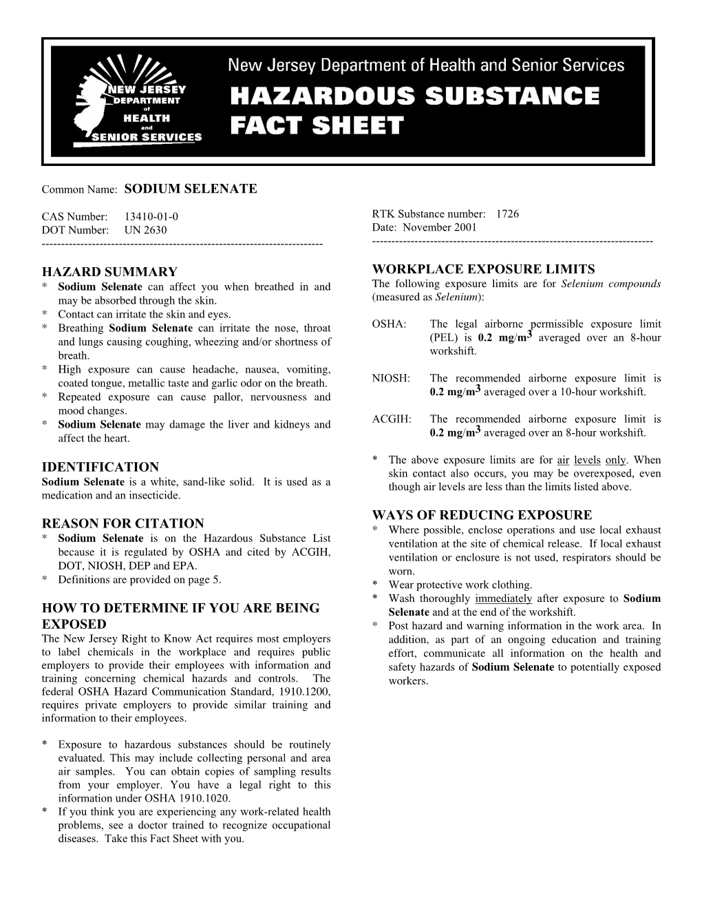 Sodium Selenate Hazard Summary Identification