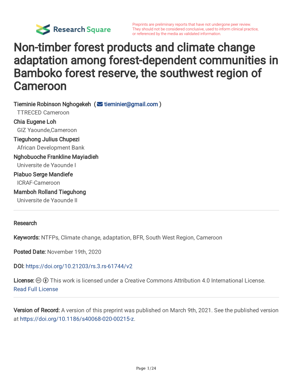 Non-Timber Forest Products and Climate Change Adaptation Among Forest-Dependent Communities in Bamboko Forest Reserve, the Southwest Region of Cameroon