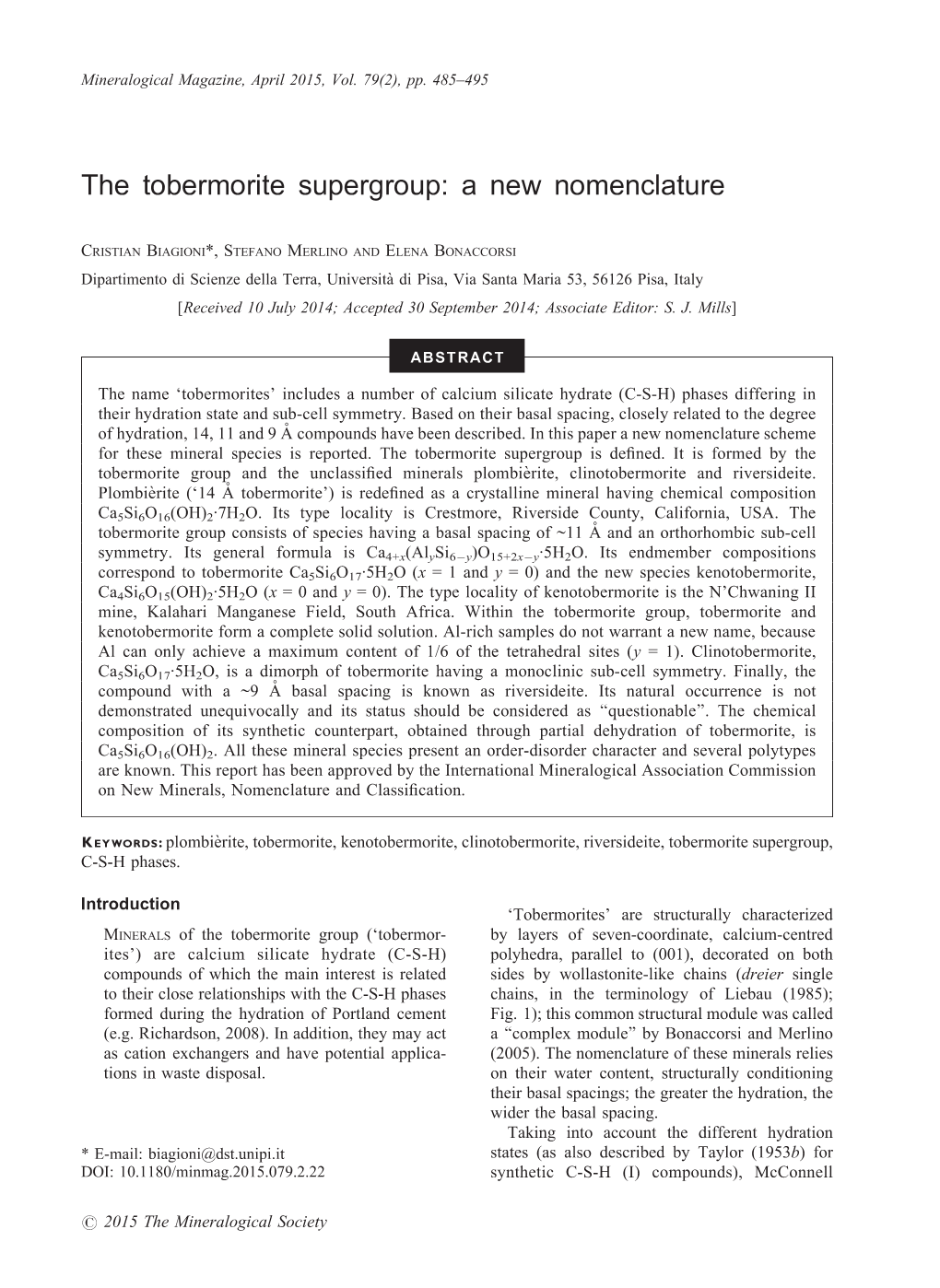 Tobermorite Supergroup: a New Nomenclature