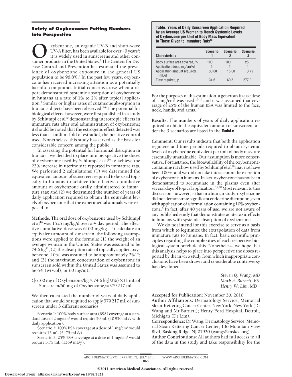 Safety of Oxybenzone: Putting Numbers Table