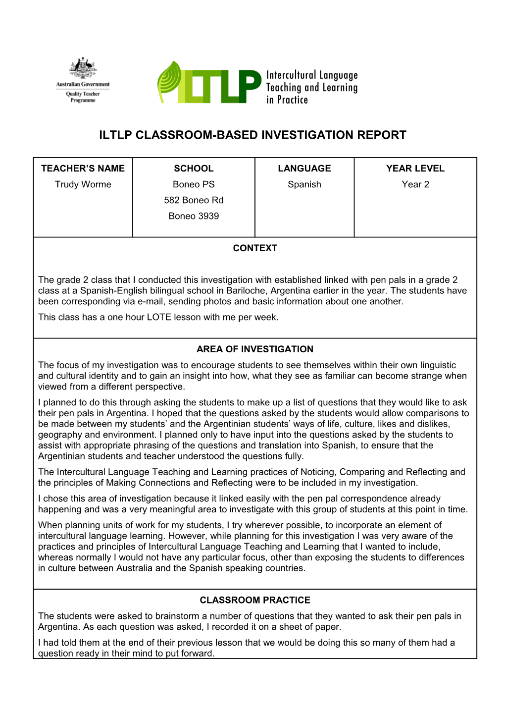 Iltlp Classroom-Based Investigation Report s1