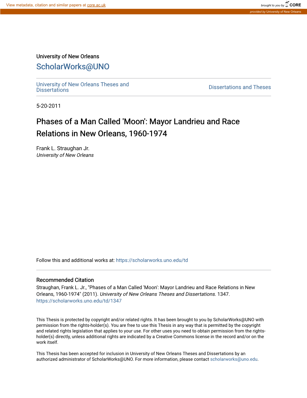 Mayor Landrieu and Race Relations in New Orleans, 1960-1974