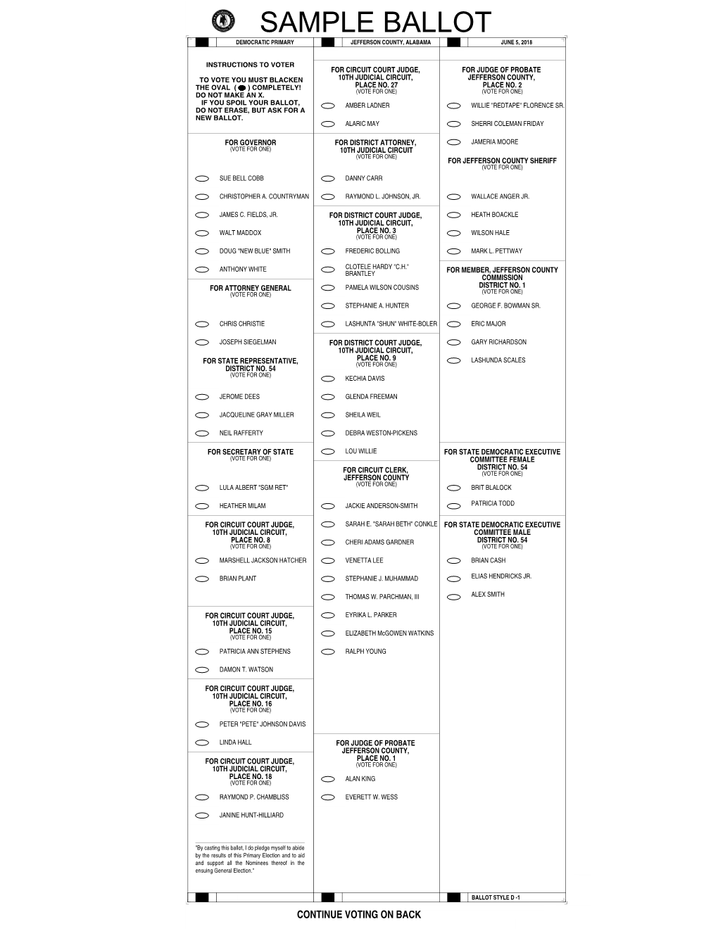 Sample Ballot Democratic Primary Jefferson County, Alabama June 5, 2018