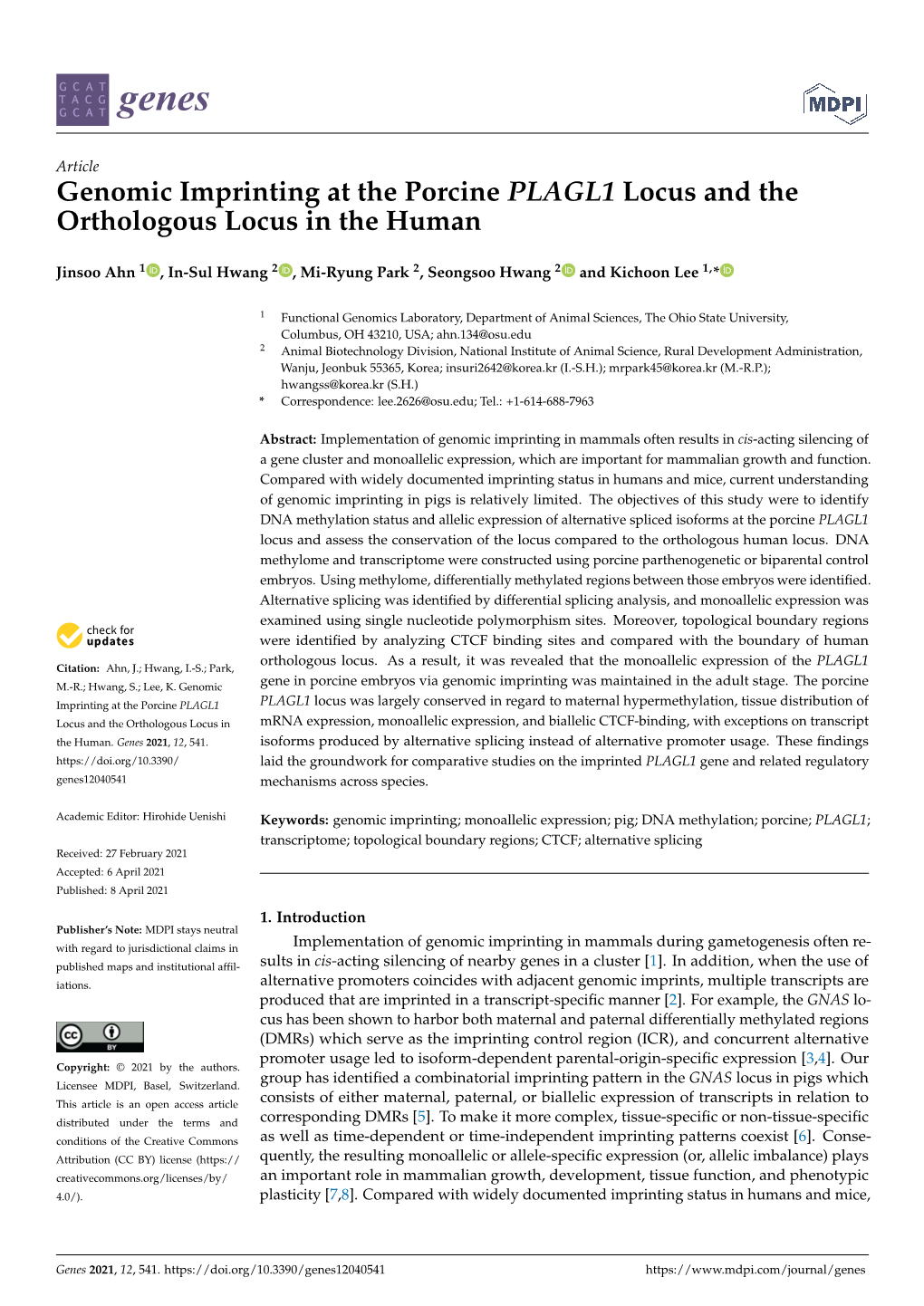 Genomic Imprinting at the Porcine PLAGL1 Locus and the Orthologous Locus in the Human