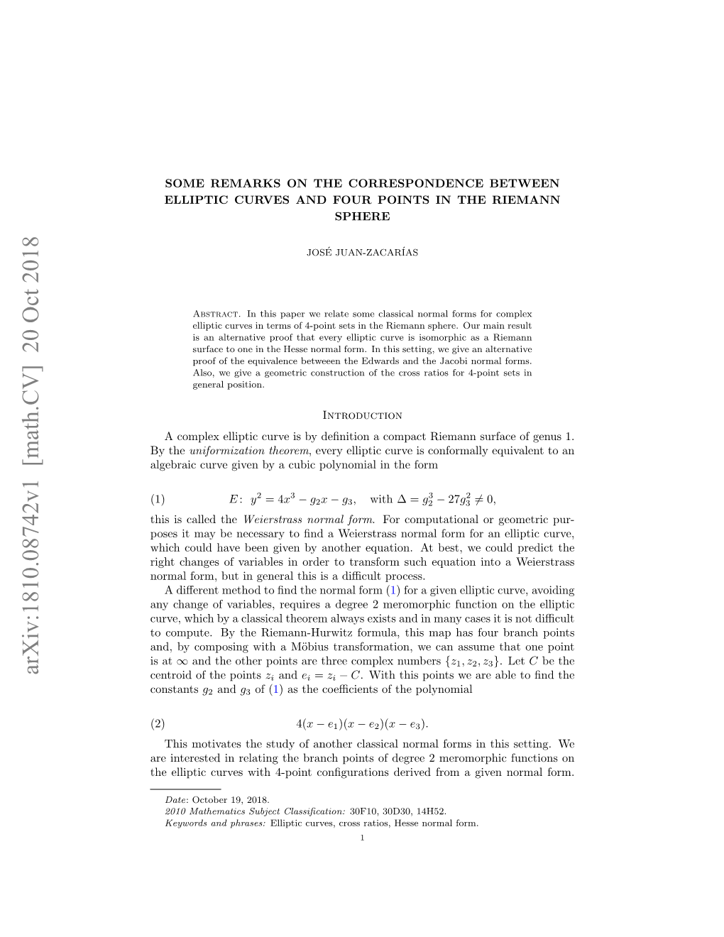 Arxiv:1810.08742V1 [Math.CV] 20 Oct 2018 Centroid of the Points Zi and Ei = Zi − C