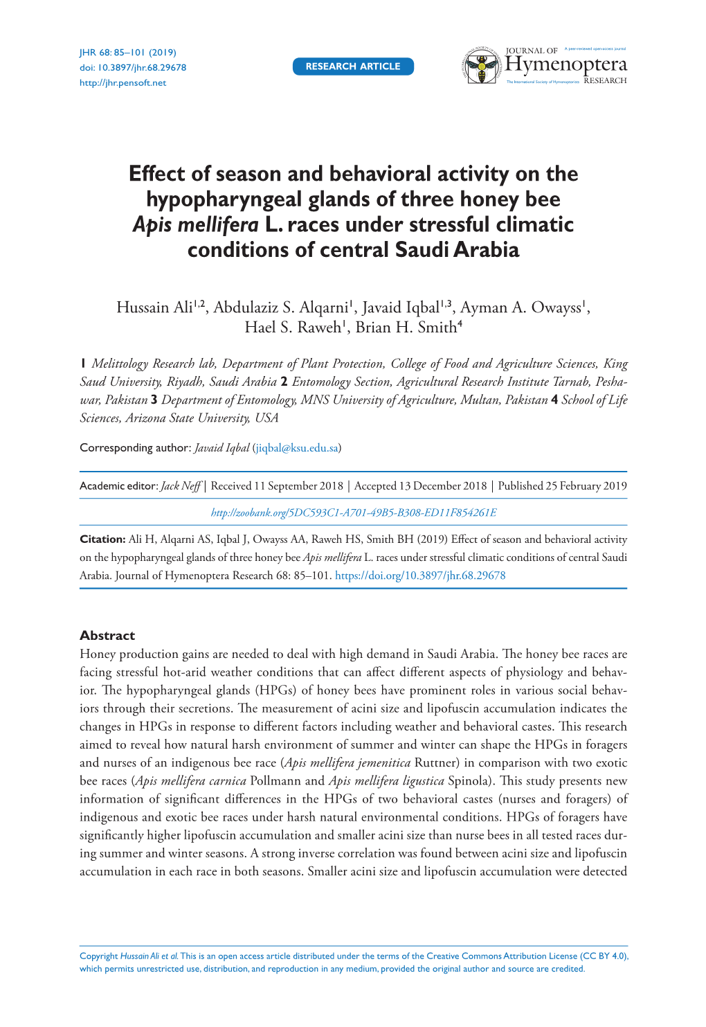 Effect of Season and Behavioral Activity on the Hypopharyngeal Glands of Three Honey Bee Apis Mellifera L