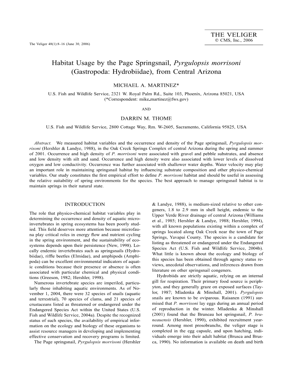 Habitat Usage by the Page Springsnail, Pyrgulopsis Morrisoni (Gastropoda: Hydrobiidae), from Central Arizona