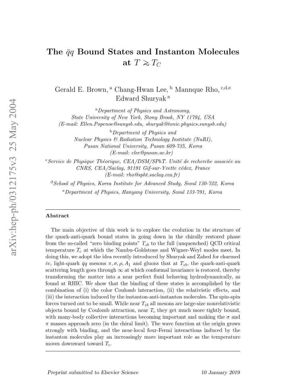 The\Bar Qq Bound States and Instanton Molecule at T&gt;~