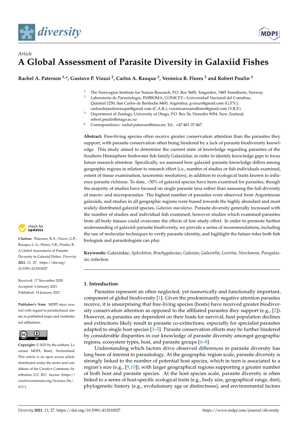 A Global Assessment of Parasite Diversity in Galaxiid Fishes