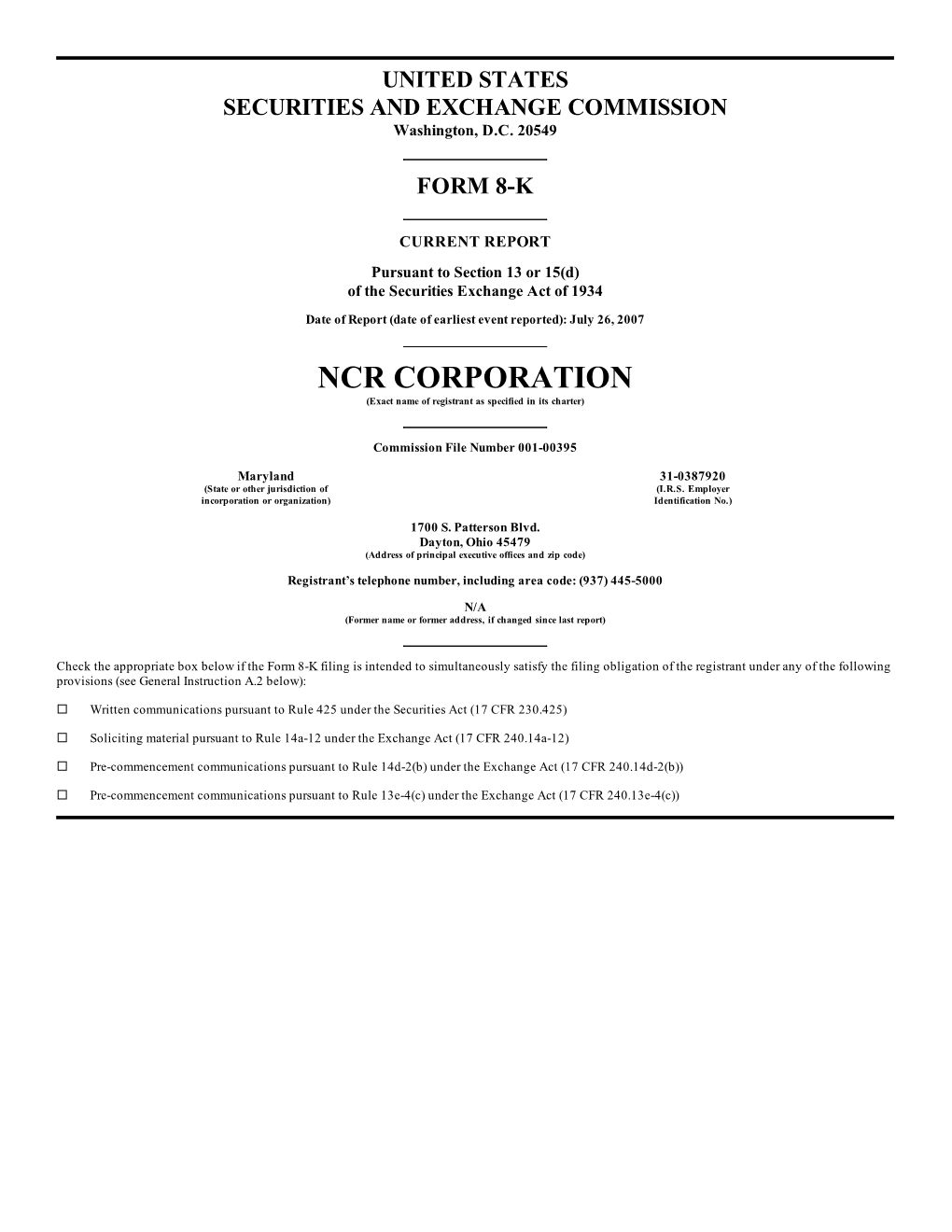 NCR CORPORATION (Exact Name of Registrant As Specified in Its Charter)