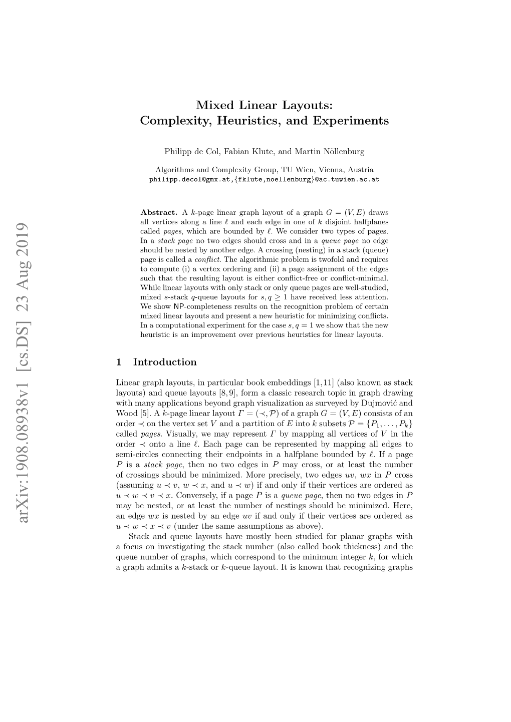 Arxiv:1908.08938V1 [Cs.DS] 23 Aug 2019 U ≺ W ≺ X ≺ V (Under the Same Assumptions As Above)