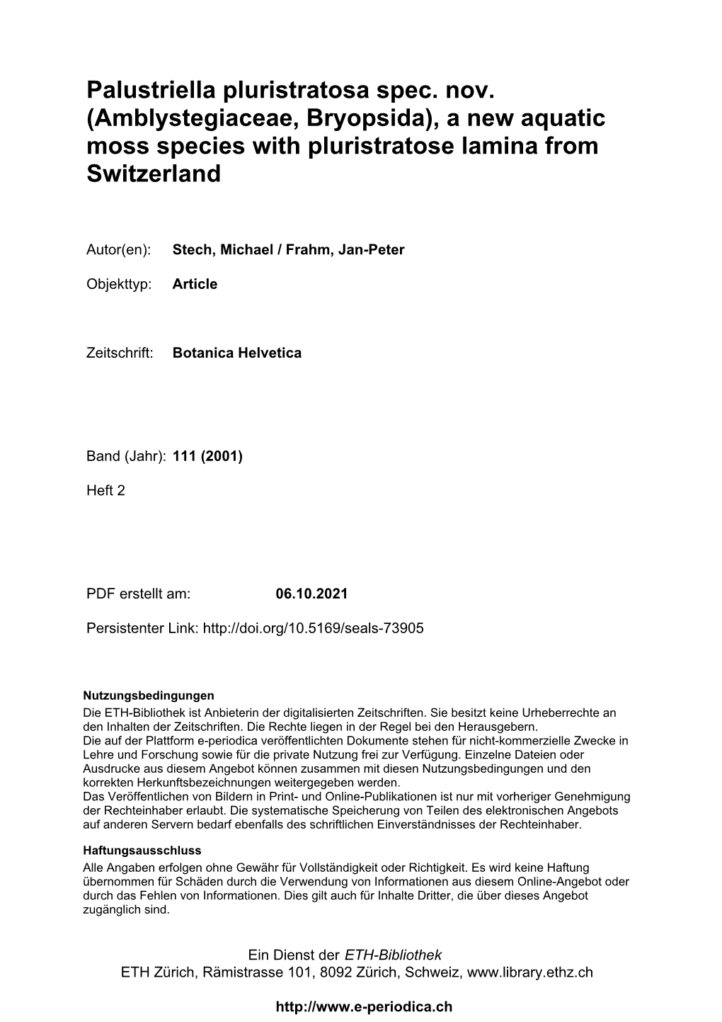 Palustriella Pluristratosa Spec. Nov. (Amblystegiaceae, Bryopsida), a New Aquatic Moss Species with Pluristratose Lamina from Switzerland