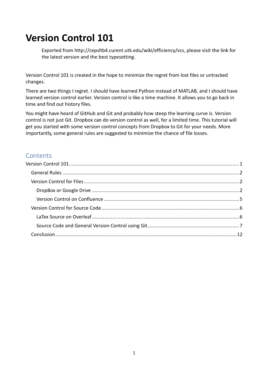 Version Control 101 Exported from Please Visit the Link for the Latest Version and the Best Typesetting