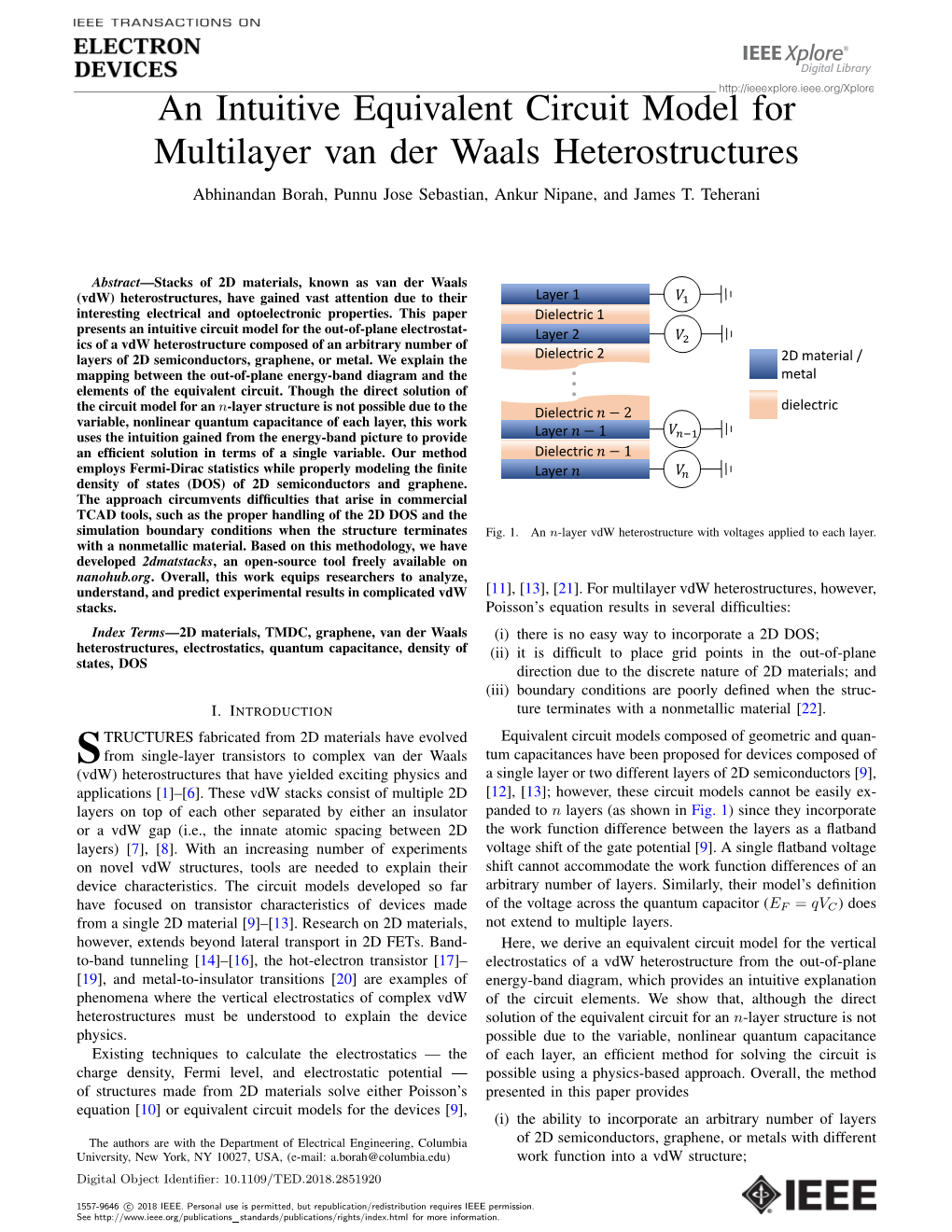 An Intuitive Equivalent Circuit Model for Multilayer Van Der Waals Heterostructures Abhinandan Borah, Punnu Jose Sebastian, Ankur Nipane, and James T