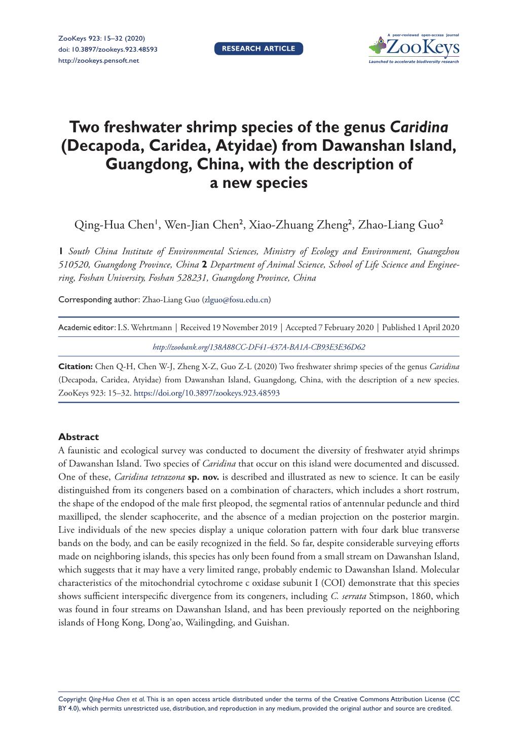 Two Freshwater Shrimp Species of the Genus Caridina (Decapoda, Caridea, Atyidae) from Dawanshan Island, Guangdong, China, with the Description of a New Species