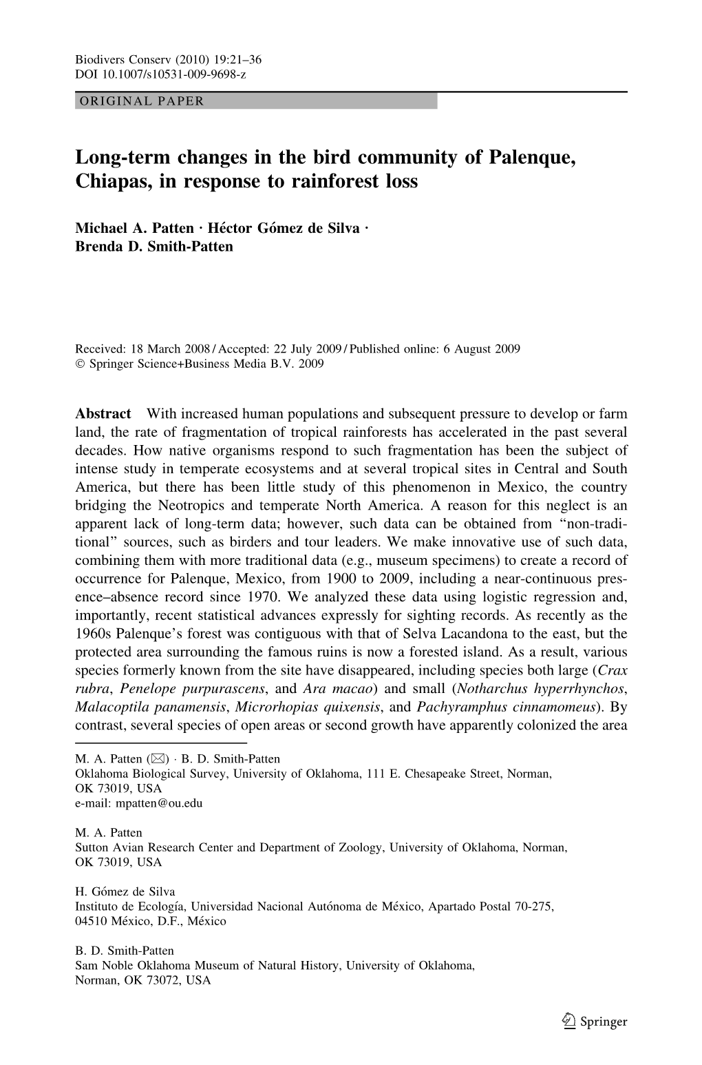 Long-Term Changes in the Bird Community of Palenque, Chiapas, in Response to Rainforest Loss